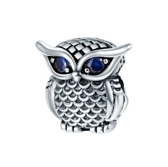 Owl Charm for Bracelet Sterling Silver 925 Owl Blue Zirconia Eyes Jewelry Gift
